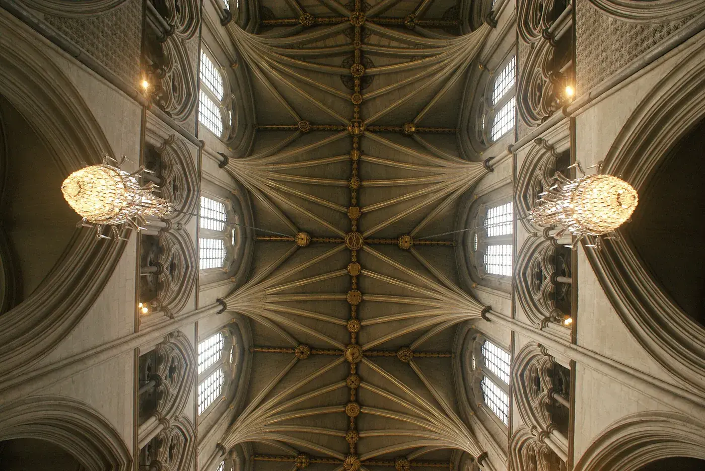 Looking up at the vaulted ceiling of Westminster Abbey